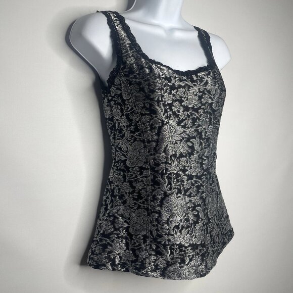 Vintage Y2K Cache Cami Camisole Tank Top Size S Black Silver Knit Floral Brocade - Picture 3 of 8